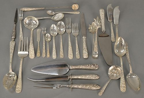 S. Kirk & Sons sterling silver flatware set, repousse pattern, 87 pieces, setting for ten to include (10) dinner forks, (10) salad f...