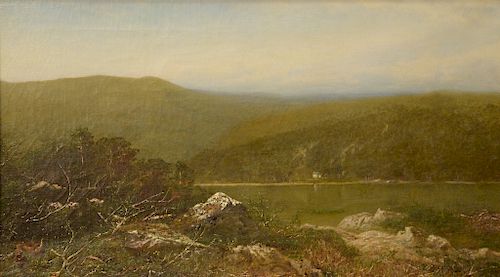 Alexander Helwig Wyant (1836-1892), 
oil on canvas, 
Autumn Landscape with Cottage on Pond, 
signed lower right: A.H. Wyant, 
old pa...