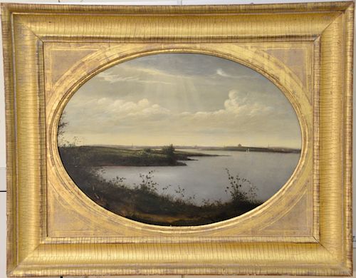 Gideon Elden Bradbury (1833-1904), 
oval oil on panel, 
"A View of Boston Harbor from the South", 
having two Vose Galleries labels ...