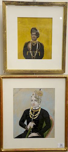 Two framed Persian Indian gouache paintings, 

India Persian Orientalist, late Mughal, 
Seated Portrait, 
Emperor or Prince, 
wearin...