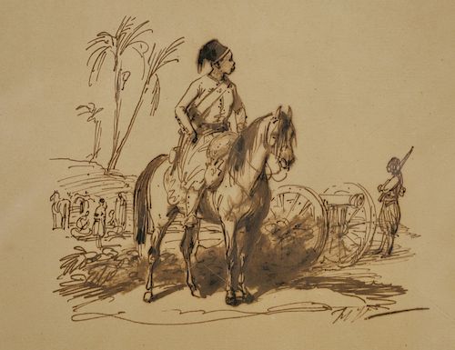 Emile Jean Horace Vernet (1789-1863), 
pen and ink and wash on paper, 
Orientalist Boy on Horse Amongst Soldiers Cavalier, 
signed w...