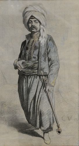 Charles Valfort (19th Century), 
red, black, and white chalk on paper, 
Standing Arab, full length portrait 1849, 
watermark top rig...
