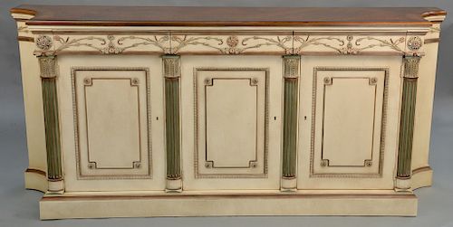 E.J. Victor sideboard with three dimensional flowers, 
having three drawers and three doors, top with inlay. 
sideboard: height 37 i...
