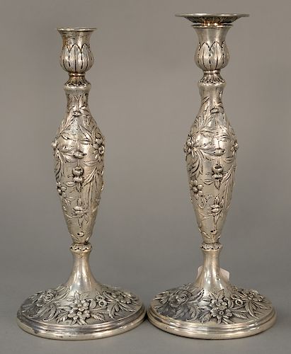 S Kirk & Son sterling silver candlesticks, 
repousse style, weighted, marked: S Kirk & Son Inc. sterling 108F hand decorated (one bo...