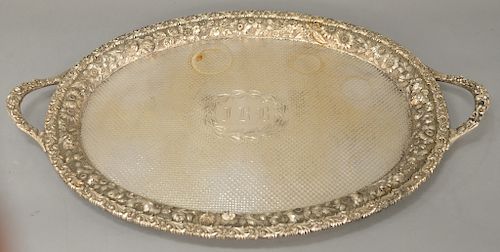 Jenkins & Jenkins large sterling silver two handled tray, 
repousse border and handles with diamond style center, marked: Jenkins + ...