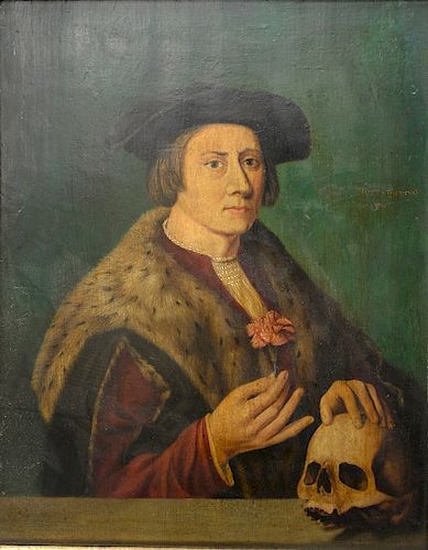 Half length portrait, 
oil on board, 
Gentleman Holding a Flower with hand on a Skull, 
signed illegibly center right: W….. Hutts? M...