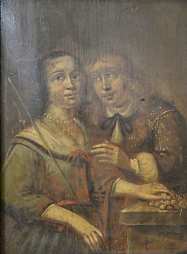 Courting Dutch Scene with Two Figures, 
oil on oak panel, 
17th century, 
signed lower right illegibly, 
10 1/2" x 8"