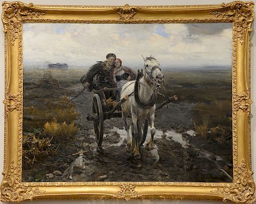 Alfred Von Wierusz-Kowalski (1849-1915), 
oil on canvas, 
Merry Ride (Horse drawn wagon with peasants), 
signed lower right: A. Wier...