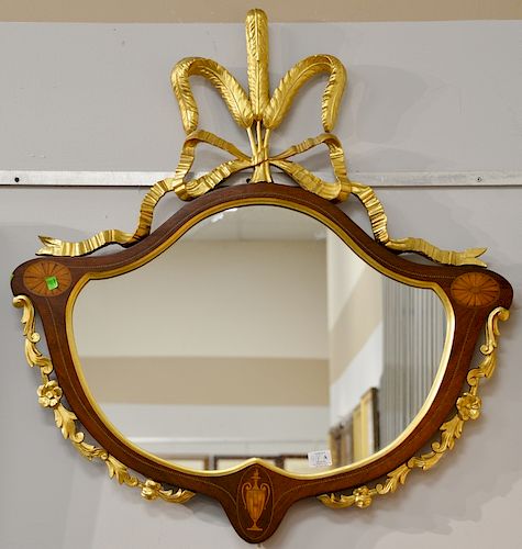 Fineberg custom mirror, shield form with large gilt plume and inlaid panels and urn, made by Fineberg, Hartford, CT. 
37" x 34"