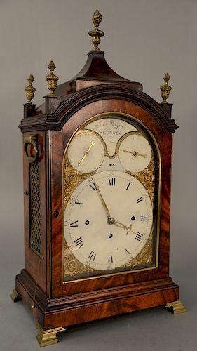 John Bryan mahogany chime clock with twelve bells, 
dial with calendar and chime dial works and face signed: John Bryan London. 
hei...
