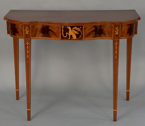Margolis mahogany console table with shaped top, 
over chained dragon inlay, set on square tapered legs, having bellflower and line ...