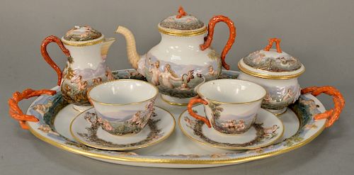 Meissen Capodimonte style tete a tete, tea set, 19th century with teapot, covered creamer (cover as is), covered sugar, two cups wit...