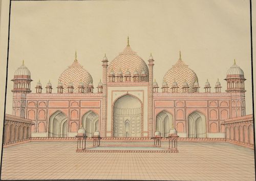 Agra School, 19th century, 
two ink watercolor gouache on paper, 
(1) Taj Mahal Mosque, 
written bottom center: "Gateway of the Tomb...