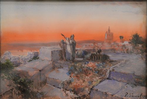 Paul B. Pascal (1832-1903), 
gouache on paper, 
Orientalist Sunset, Praying to the Gods, 
signed and dated lower right: P. Pascal 19...