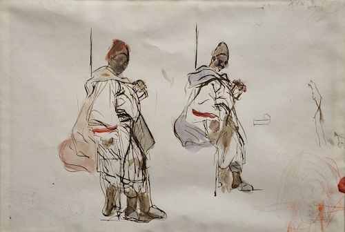 Alfred Dehodencq (1822-1882), 
watercolor and brown ink over graphite on paper, 
Two Studies of Turkish Janissary, Orientalist, 
ins...