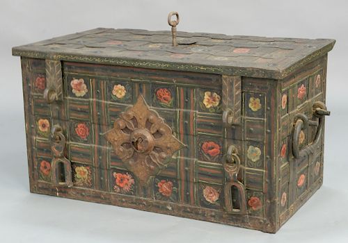 Wrought iron Armada chest strongbox,  having flower rosette painted exterior , opening to pierced screen interior lock