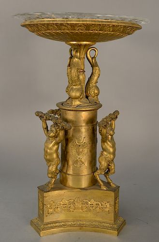 Gilt bronze tazza having round top dish supported by three dolphins on cylinder with three hoofed putti figures on three sided base....