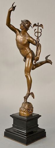 Ferdinand Barbedienne (1810-1892), 
bronze on black slate square base, 
Mercury Man, Mercurio, 
marked: F. Barbedienne Fondeur, 
hei...