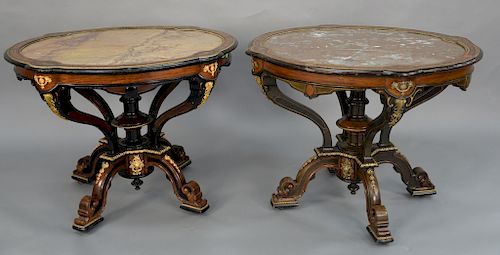 Pair of Pottier & Stymus, Renaissance Revival rosewood tables, 
inset marble tops with inlaid and gilt metal mounts, surrounds with ...