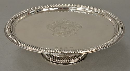 James Chadwick silver tazza/salver,  circular with gadrooned edge and center coat of arms on round pedestal base with gadrooned roun...