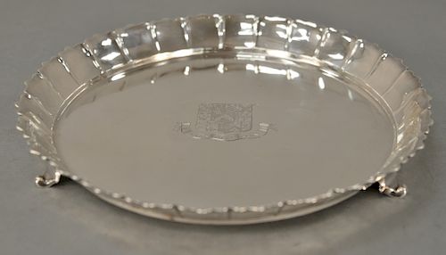 Paul de Lamerie (1688-1751) silver strawberry dish, circa 1739,  having scalloped sectioned edge, set on scrolled feet with family...