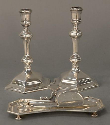 David Green (1716) pair of silver candlesticks, snuffer, and tray.  candlesticks: height 6 1/2 inches (16.5 cm)  tray: 6 3/4 inc...