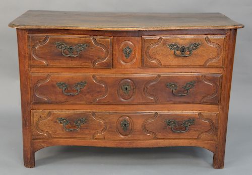Louis XV fruitwood commode, shaped top over conforming chest of three drawers, 18th century (split in side). 
height 33 inches, case...