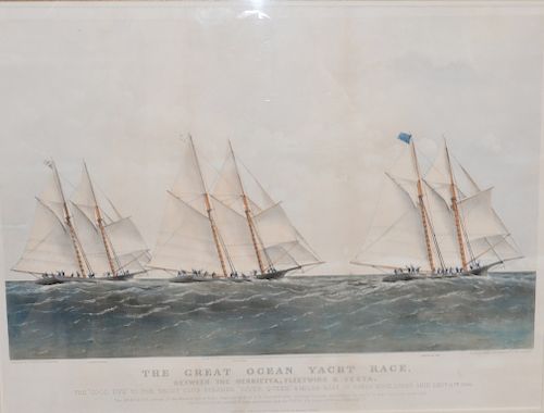 Currier & Ives,  hand colored lithograph,  The Great Ocean Yacht Race,  Between the Henrietta, Fleetwing and Vesta,  The "Go...