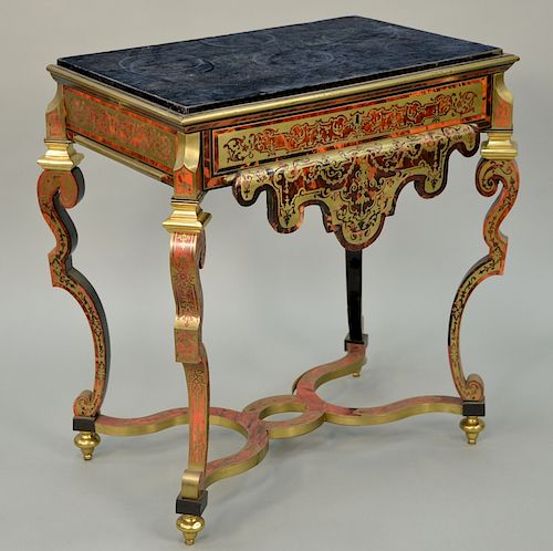 Boulle marble top writing table with one drawer,  on scrolled square legs with X stretcher.  height 30 inches, top: 17 1/4" x 27...
