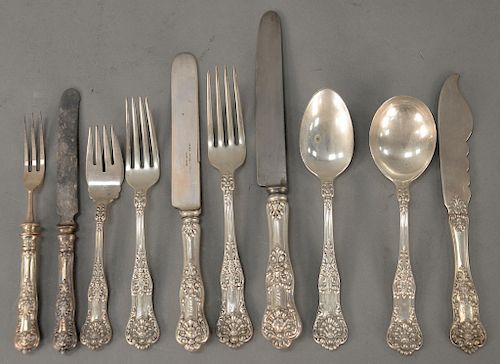 Sterling silver flatware set marked Black Starr & Frost including (12) dinner forks, (10) lunch forks, (12) soup spoons, (12) tables...