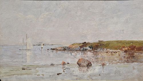 Charles Edwin Lewis Green (1844-1915),  oil on board,  Sailboats in a Quiet Inlet,  unsigned,  label on verso: Vose Gallerie...