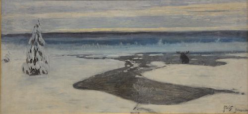 Julian Falat (1853-1929), 
oil on canvas, 
Winter Landscape with River and Moose, From Polesie, 
signed and dated lower right: J. Fa...