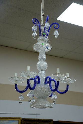 Cut crystal chandelier having cobalt blue arms, six light. approximate height 39 inches, diameter 26 inches