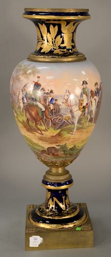 Monumental Sevres Napoleonic urn having hand painted scene,  Napoleon on horseback leading battle, signed H