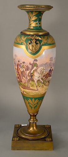 Monumental Sevres style Napoleonic urn having hand painted scene, 
Napoleon on horseback leading a battle, gilt bronze mount shield ...