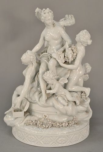 Large Capodimonte white glazed figural porcelain group having four nude women and two putti with wreaths of flowers and two doves, m...