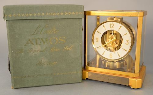 Jaeger-Lecoultre atmos clock, swiss gold plated cabinet, in original box (retail $5050.).