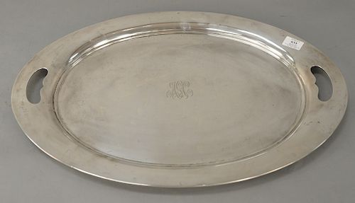 Large oval sterling silver serving tray,  having handles and monogrammed center, marked: sterling 750/87