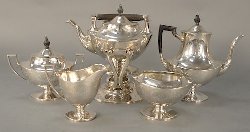 Five piece sterling silver tea set, Black Starr & Frost with tilting pot, teapot, sugar, creamer, and waste bowl. 
tallest: height 1...