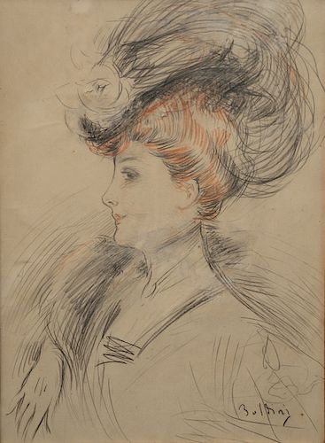 Giovanni Boldini (1842-1931), 
pencil and chalk on paper, 
Portrait of Madame with Hat, 
signed lower right: Boldini, 
label on vers...