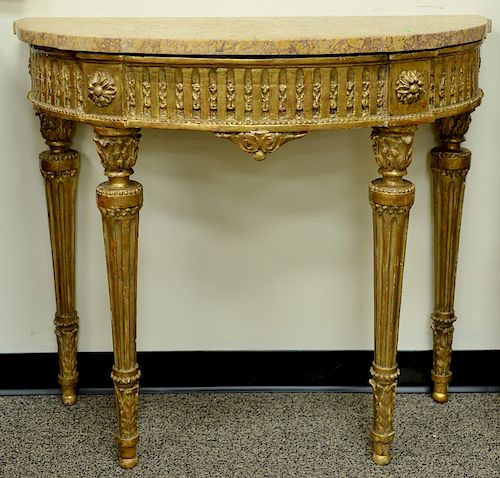 Pair of Louis XVI style gilt demilune console tables,  each with shaped marble tops, 18th - 19th century with original receipt