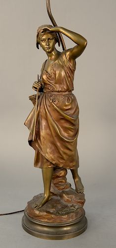 Eugene Laurent (1832-1898), 
bronze, 
Krabbenfischerin Pecheuse, 
signed on base: E Laurent, 
made into lamp, 
figure height 20 inch...