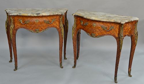 Pair of Louis XV style pier tables with shaped mottled marble tops, 
over conforming drawer on cabriole legs with floral inlays and ...