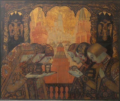Leonid Mikhailovich Brailovsky (1867-1937),  oil on panel,  Russia, Prayer Interior having figures and city in background,  si...
