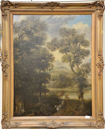 School of Salomon van Ruysdael, 
oil on canvas, 
Mountainous Landscape with Figures and Horses, 
plaque marked: Ruijsdael School: La...