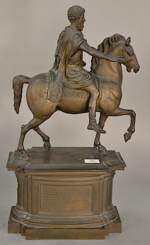 Classical style bronze of Roman Emperor on horseback, 
both sides of plinth base with Latin inscription, plinth is hollow-cast (head...