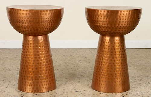 PAIR HAMMERED COPPER DRUM FORM END TABLES