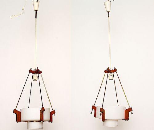 PAIR BRASS WOOD PENDANT LIGHTS FROSTED GLASS 1960
