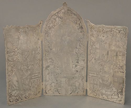 Tiffany & Co. Makers sterling silver folding triptych screen, depicting kings, queens, lions, crests, and pomegranates, having Chri...