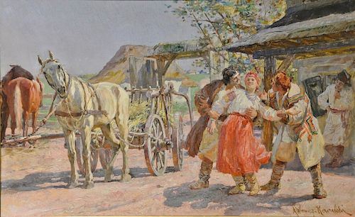 Alfred Von Wierusz-Kowalski (1849-1915), oil on panel, Sunny Farm Day, Courtship, Zalotysigned lower right: A. Wierusz-Kowalski, ...